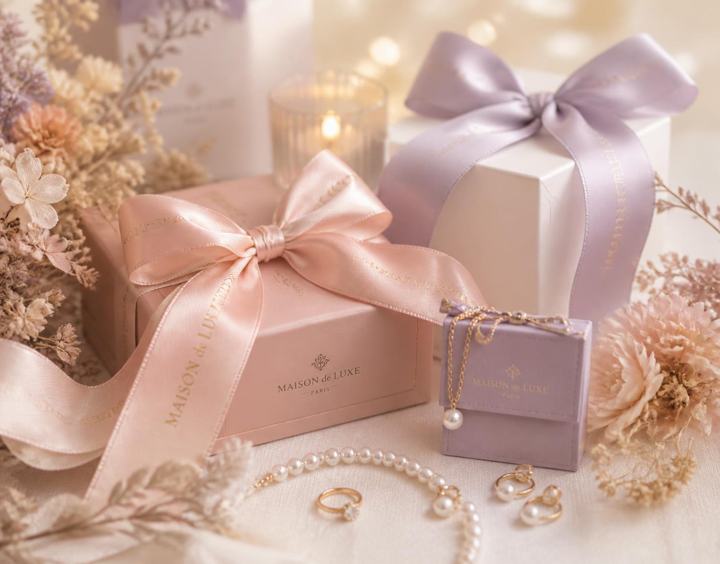 Elegant pastel gift boxes with silk ribbons, pearls and delicate gold jewelry